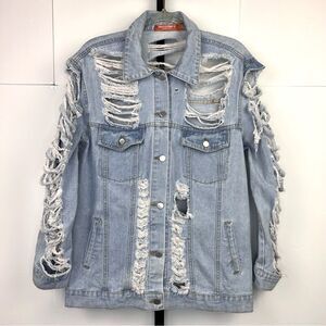 Thirty 6 Point 5 Denim Jacket Women S Blue Oversized Distressed Grunge Boyfriend